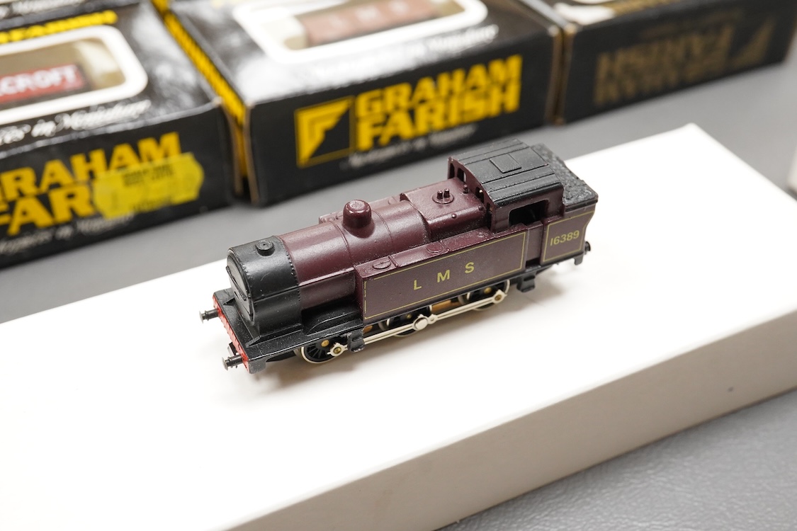 Thirteen N gauge railway by Graham Farish, etc., including two locomotives; a BR Class 4 0-6-0 tender locomotive, 4232, and an LMS 0-6-0T locomotive, 16389, together with two bogie coaches, eight freight wagons, and a Pe